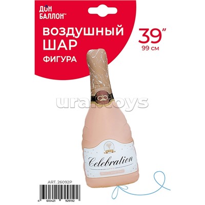 Шар (39''/99 см) Фигура, Бутылка Шампанское, Розовый, Сатин, 1 шт. в уп.