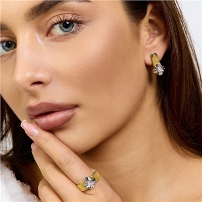 Комплект ювелирной бижутерии Итальянское золото (покрытие желтое 14к) серьги и кольцо 18 р, вставка: фианиты, цвет: прозрачный, арт.217.395-18