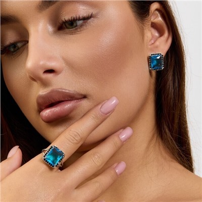 Комплект ювелирной бижутерии коллекция "Дубай" серьги и кольцо 20 р покрытие посеребрение, вставка: стекло и цирконы, цвет: голубой и черный, арт.215.542-20