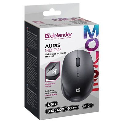 Мышь оптическая беспроводная Defender Auris MB-027 беззвучная (grey)