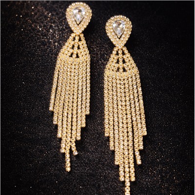 Серьги длинные женские вечерние со стразами, цвет: золотистый и прозрачный, арт.012.040