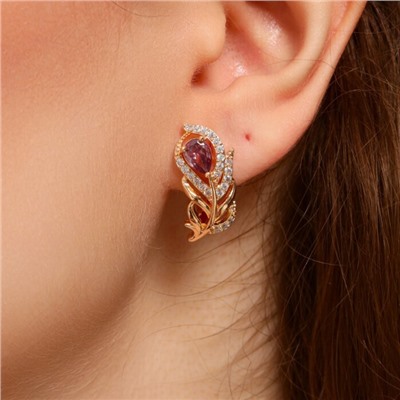 Серьги в форме пера ювелирная бижутерия коллекция "Дубай" покрытие: позолота, вставка: фианиты, цвет: фиолетовый, арт.217.245