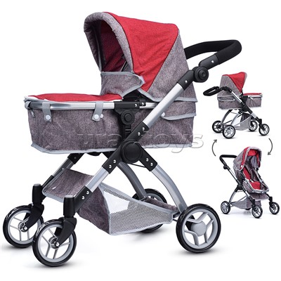 Коляска - трансформер для кукол, металлическая, регулируемая ручка, с корзиной, цвет серо-розовый