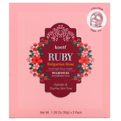 Koelf, Ruby Bulgarian Rose, упаковка гидрогелевых масок для лица с рубином и розой, 5 шт. по 30 г (1,05 унции)