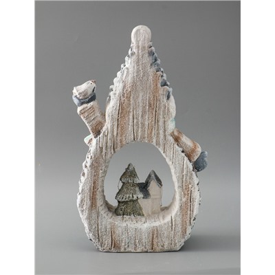 УЦЕНКА Сувенир керамика свет «Снеговик с птицей и зимним домиком, срез дерева» 41×25×9 см