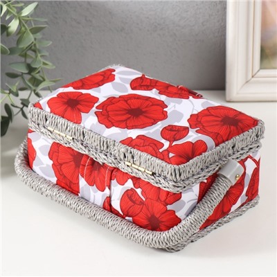 Шкатулка для рукоделия и шитья «Красные маки на белом», хранение ниток, иголок, мелочи, 18×12×9.5 см