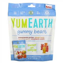 YumEarth, Жевательные мишки, вкусы в ассортименте, 5 упаковок снеков, вес каждой 19,8 г (0,7 унции)