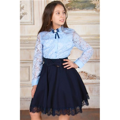 Блузка гипюровая с брошью SP008.1 (Голубой)