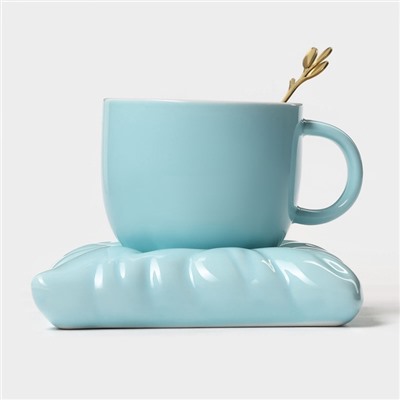 Чайная пара «Зефирка», 3 предмета: чашка 250 мл, блюдце d=13.7 см, ложка, керамика, голубая