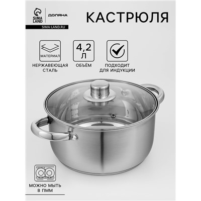 Кастрюля Доляна «Сильве», 4.2 л, d=22 см, с крышкой, капсульное дно, индукция, нержавеющая сталь