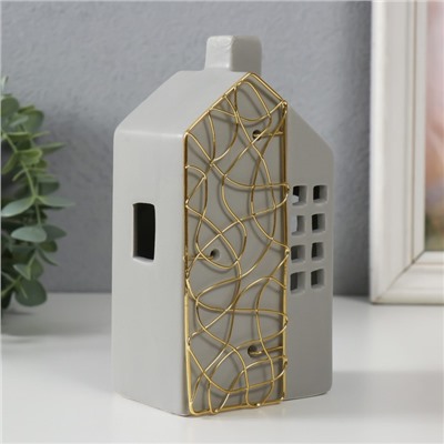 Подсвечник на 1 свечу «Дом», керамика, металл, серый с золотом, 9×6.3×16.7 см