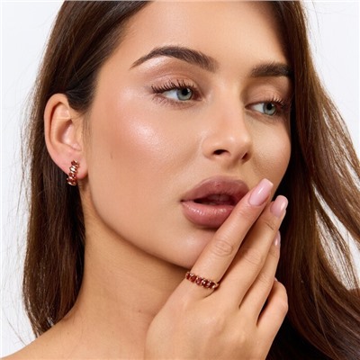 Комплект ювелирной бижутерии коллекция "Дубай" серьги и кольцо 19 р, покрытие позолота, вставка: фианиты, цвет: красно-оранжевый, арт.414.221-19