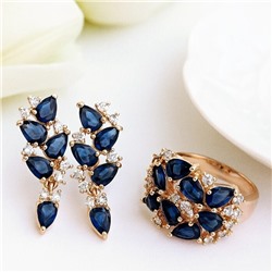 Комплект ювелирная бижутерия коллекция  "Дубай" серьги и кольцо 17 р, покрытие: позолота, вставка: фианиты, цвет: синий и прозрачный, арт.313.045-17