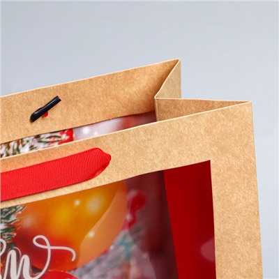 Пакет подарочный новогодний крафтовый с пластиковым окном «С Новым годом», 31×26×11 см