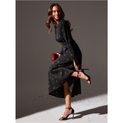 Платье с завязками на талии миди женское MINAKU Flower, размер 44, чёрное, красное