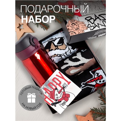 Новогодний подарок. Подарочный набор термос и носки 3 пары KAFTAN Bad Santa, размер 41-44 (27-29 см)