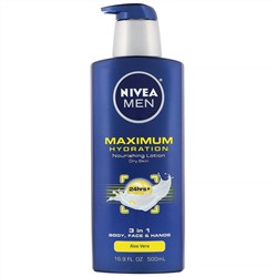 Nivea, Men, максимальное увлажнение, питательный лосьон «3 в 1», алоэ вера, 500 мл (16,9 жидк. унций)