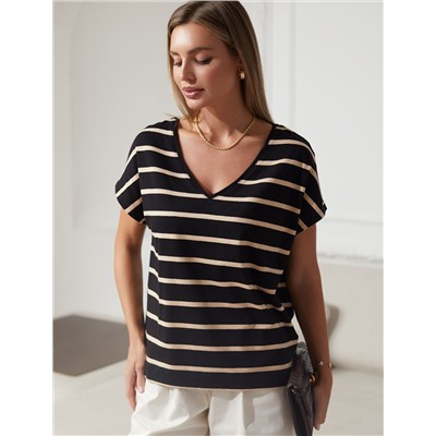Футболка в полоску с V-вырезом и цельнокроеным рукавом из премиального хлопка