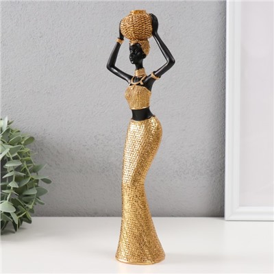 Фигура полистоун «Африканка с плетёным круглым кувшином», под золото, 10×6×28 см