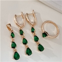 Комплект ювелирной бижутерии коллекция "Дубай" серьги, кулон и кольцо 19 р, покрытие позолота, вставка: фианиты, цвет: зеленый, арт.414.311-19