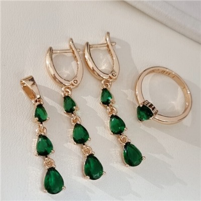 Комплект ювелирной бижутерии коллекция "Дубай" серьги, кулон и кольцо 19 р, покрытие позолота, вставка: фианиты, цвет: зеленый, арт.414.311-19