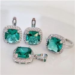 Комплект ювелирная бижутерия серьги, кулон и кольцо 20 р, покрытие: посеребрение, вставка: фианит, цвет: морска волна и прозрачный, арт.313.104-20