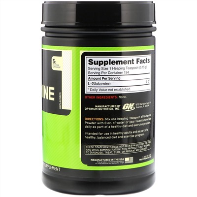 Optimum Nutrition, Глютамин в порошке, неароматизированный, 2,2 фунта (1 кг)