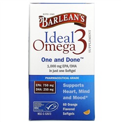 Barlean's, Ideal Omega 3, Orange , 1,000 mg EPA/DHA, 60 Softgels