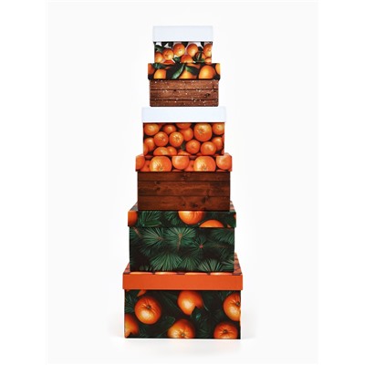 Набор новогодних подарочных коробок 6 в 1 «Яркие мандарины», 10×10×6 - 20×20×11 см