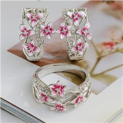 Комплект ювелирной бижутерии коллекция "Дубай" серьги и кольцо 17 р, покрытие посеребрение, вставка: эмаль и цирконы, цвет: белый, розовый и прозрачный, арт.313.325-17