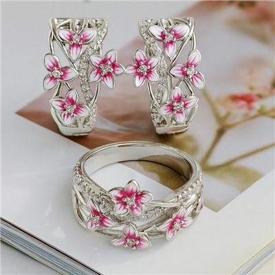 Комплект ювелирной бижутерии коллекция "Дубай" серьги и кольцо 20 р, покрытие посеребрение, вставка: эмаль и цирконы, цвет: белый, розовый и прозрачный, арт.313.325-20