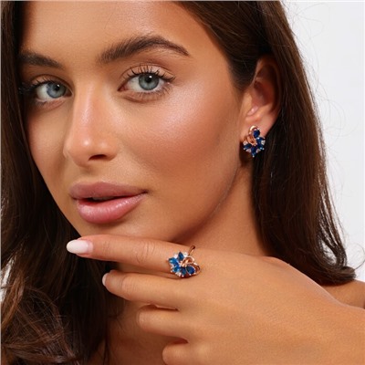Комплект ювелирной бижутерии коллекция "Дубай" серьги и кольцо 17 р, покрытие позолота, вставка: фианиты, цвет: синий и прозрачный, арт.215.476-17