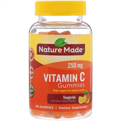 Nature Made, жевательные таблетки с витамином C, со вкусом мандарина, 250 мг, 80 шт.