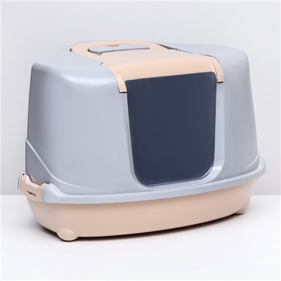Туалет-домик угловой для кошек закрытый с дверцей 57×46×37 см, бежево-серый