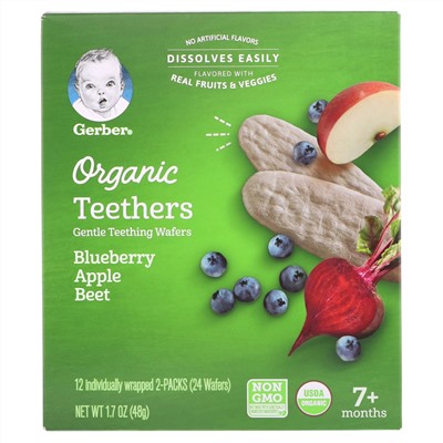 Gerber, Organic Teethers, вафли для мягкого прорезывания зубов, для малышей от 7 месяцев, черника, яблоко и свекла, 12 пакетиков по 2 вафли в каждом