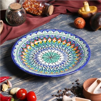 Тарелка узбекская Риштанская Керамика «Цветы», d=22 см, керамика, синяя, узор МИКС