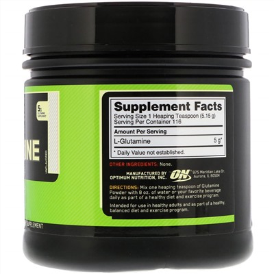 Optimum Nutrition, порошкообразный глютамин, без вкусовых добавок, 600 г (1,32 фунта)