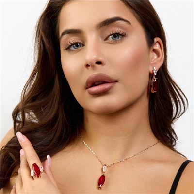 Комплект ювелирной бижутерии коллекция "Дубай" серьги, кулон и кольцо 20 р, покрытие позолота, вставка: стекло и фианиты, цвет: красный и прозрачный, арт.414.250-20