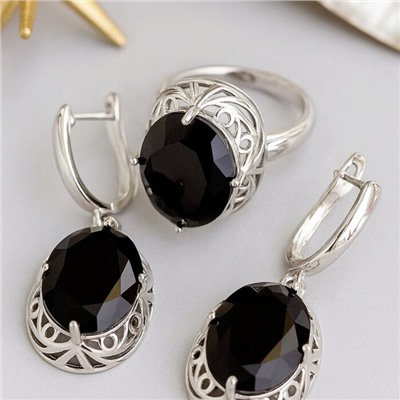 Комплект ювелирной бижутерии с крупным камнем серьги и кольцо 19 р, цвет: черный, арт.213.914-19