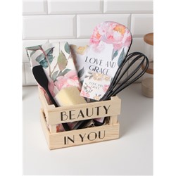 Кухонный набор «Этель» Love and grace: полотенце, варежка-прихватка, лопатка, венчик, губка