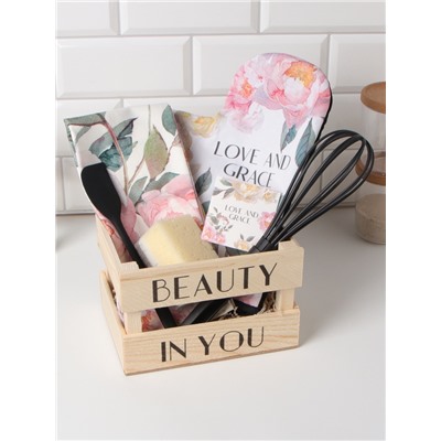 Кухонный набор «Этель» Love and grace: полотенце, варежка-прихватка, лопатка, венчик, губка