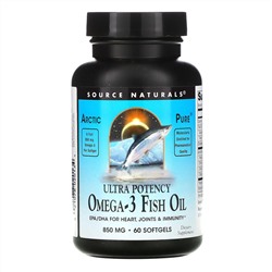 Source Naturals, Arctic Pure, омега-3 и рыбий жир, повышенная эффективность, 850 мг, 60 мягких таблеток