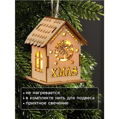 Ёлочная игрушка «Домик с колокольчиками», 6×4.5×4.5 см, от батареек, свечение тёплое белое