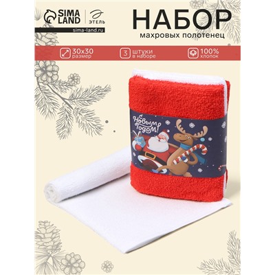 Набор новогодних махровых полотенец «Этель. Новогодний дуэт», 30×30 см - 3 штуки, хлопок 100%