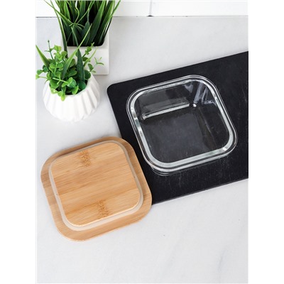 Контейнер квадратный крышка бамбук 320 мл стекло  / K320 /уп 48/