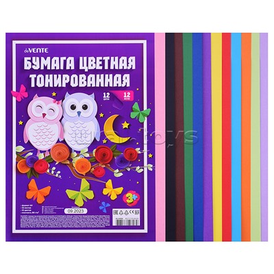 Бумага цветная тонированная двусторонняя A4 80 г/м², 12 цв, 12 л, в пластиковом пакете с европодвесом