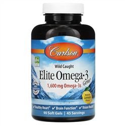 Carlson Labs, Wild Caught, Elite Omega-3 Gems, отборные омега-3 кислоты, натуральный лимонный вкус, 1600 мг, 90 +30 мягких таблеток