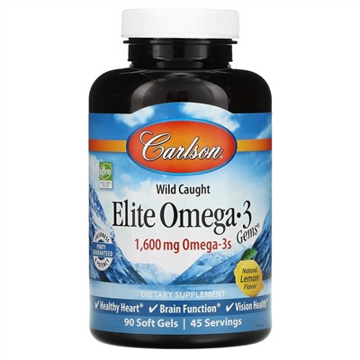 Carlson Labs, Wild Caught, Elite Omega-3 Gems, отборные омега-3 кислоты, натуральный лимонный вкус, 1600 мг, 90 +30 мягких таблеток