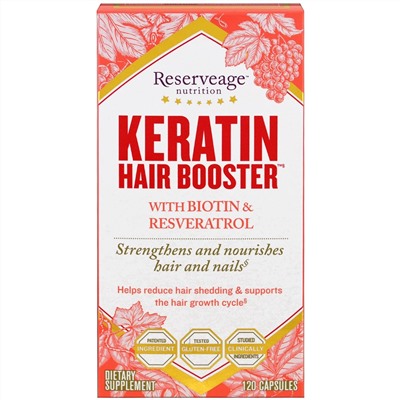 ReserveAge Nutrition, Keratin Hair Booster с биотином и ресвератролом, 120 капсул