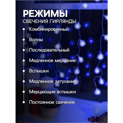УЦЕНКА Гирлянда «Занавес», 2×1.5 м, с насадками «Ёжики», IP20, 360 LED, 220 В, 8 режимов, прозрачная нить, свечение синее